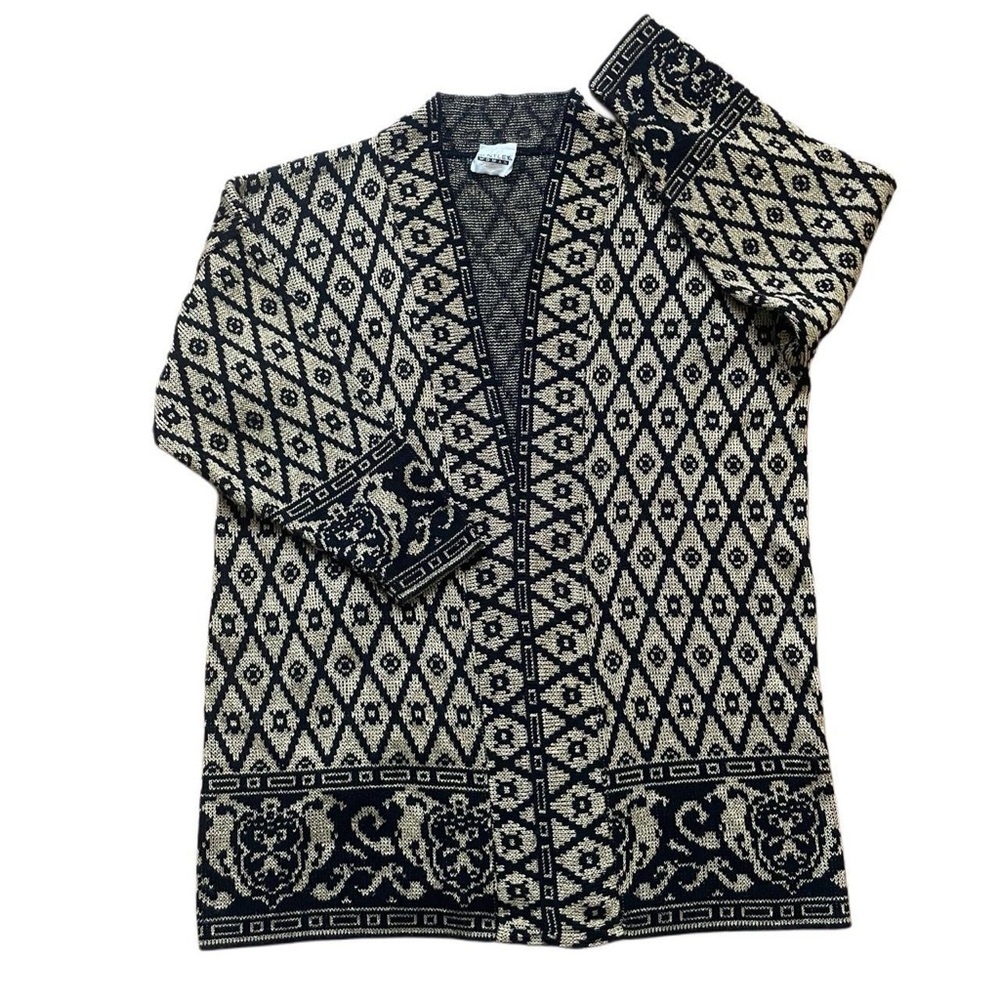 Vtg TR Bentley Black & Gold Ornate Duster Cardigan